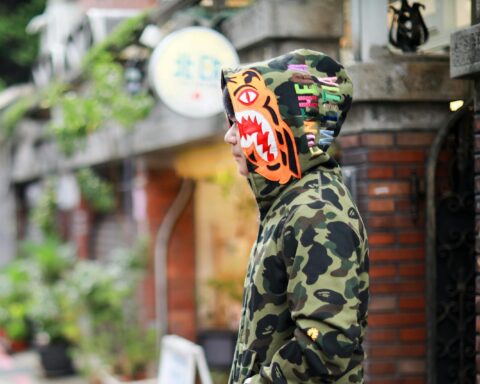 Close-Up Shot of a Person Wearing Bape Shark Hoodie