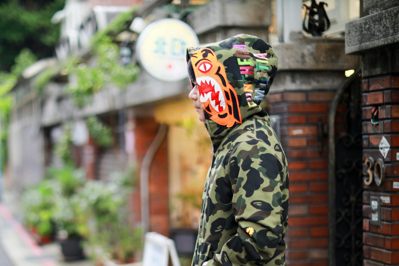 Close-Up Shot of a Person Wearing Bape Shark Hoodie